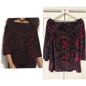 Roz & Ali Black Red 3/4 Sleeve Floral Velvet Burnout Whimsigoth Fairy Grunge Med